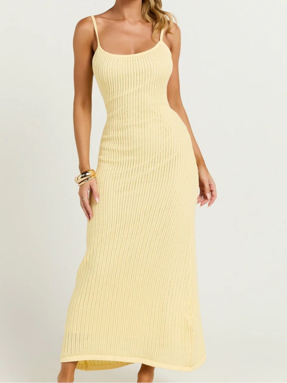 Showpo Pale Yellow Ribbed Maxi Dress with Spaghetti Straps